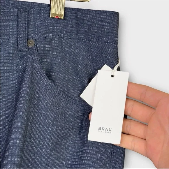 Brax Cooper Fancy Regular Fit Chino Pants Mens 35x36 Blue Plaid Unhemmed Leg NWT
